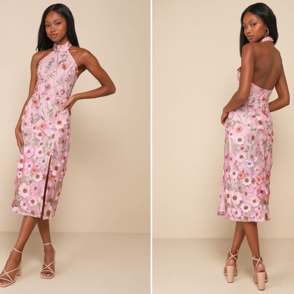Lulus Pink Floral Embroidered Midi Dress, 3D Appliqué Halter Size: small